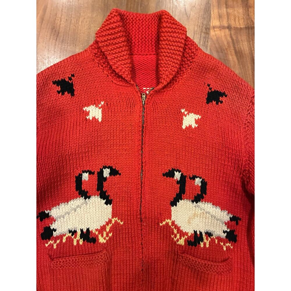 VINTAGE 50s Goose Cowichan 100% Wool Zip Cardigan Sweater Mary Maxim Red - Picture 6 of 16